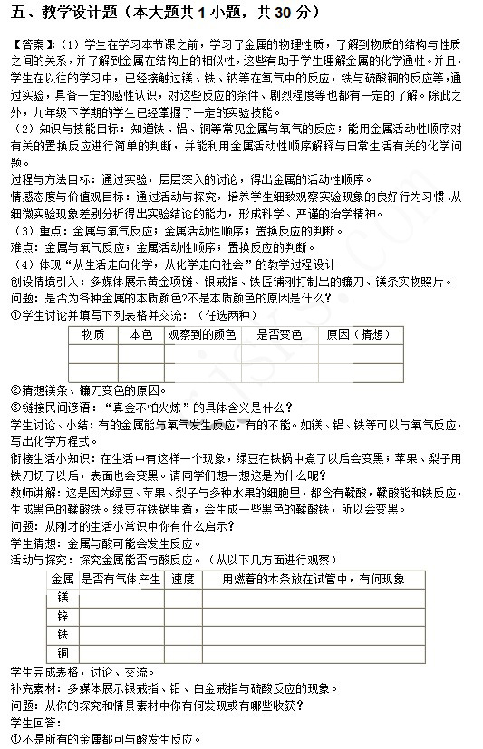 2014上半年教師資格統(tǒng)考初中化學真題答案5